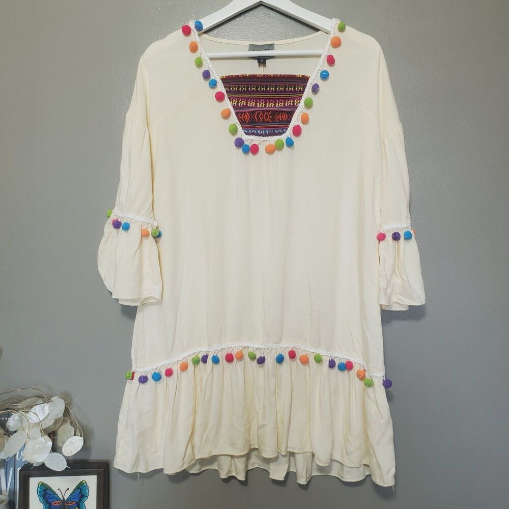 Aiden Tunic Top Womens Size Small Cream MIxed Media Boho Peasant Ruffles